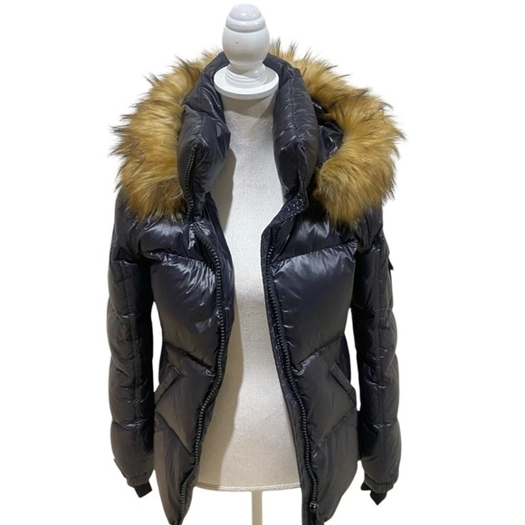 Aqua black puffer zip up jacket detachable faux tan fur trimmed hoodie small - Picture 5 of 16